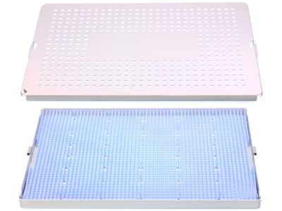 Microsurgical aluminum instrument sterilization tray, 10'' W x 15'' L x 3/4'' H, base, lid, and silicone finger mat, accommodates 25-35 instruments