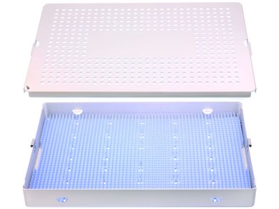 Microsurgical aluminum instrument sterilization tray, 10'' W x 15'' L x 1 1/2'' H, deep base, lid, and silicone finger mat, accommodates 25 to 35 instruments