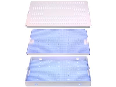 Microsurgical aluminum instrument sterilization tray, 10'' W x 15'' L x 1 1/2'' H, double-level, deep base, insert tray, lid, and 2 silicone finger mats, accommodates 50 to 70 instruments