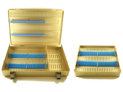 Microsurgical aluminum instrument sterilization tray, 10 1/2''W x 15''L x 2 1/2''H, double level, silicone finger strips, includes full height accessory area