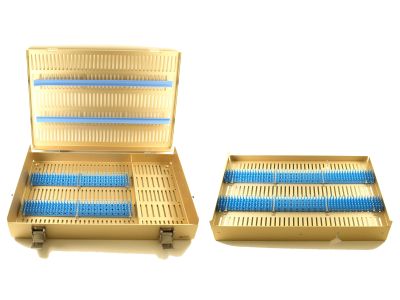Microsurgical aluminum instrument sterilization tray, 10 1/2''W x 19 1/2''L x 2 1/2''H, double level, silicone finger strips, includes accessory area on bottom layer