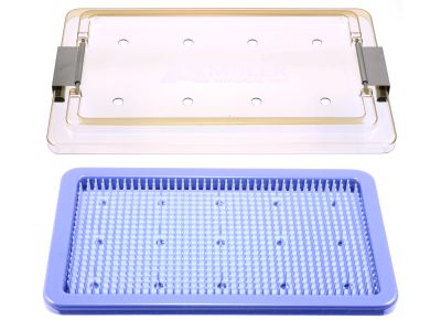 MicroPak plastic instrument sterilization tray, 5 1/2''W x 9 1/2''L x 3/4''H, base, lid, and silicone finger mat