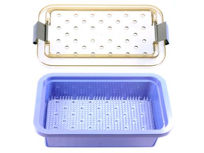 MicroPak plastic instrument sterilization tray, 5 1/2''W x 9 1/2''L x 2 1/2''H, base, lid, and silicone finger mat