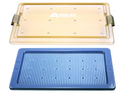 MicroPak plastic instrument sterilization tray, 7 1/4''W x 12 3/4''L x 3/4''H, base, lid, and silicone finger mat