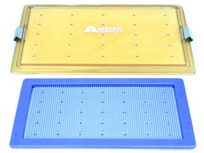 MicroPak plastic instrument sterilization tray, 10''W x 18''L x 3/4''H, base, lid, and silicone finger mat