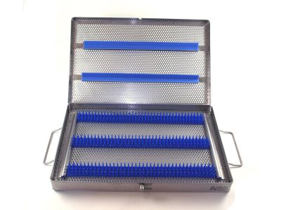 Microsurgical instrument sterilization tray, 8 1/2''W x 12 1/2''L x 1 1/8''H, silicone cushion on the top and silicone finger strips on bottom