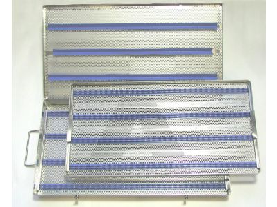 Microsurgical instrument sterilization tray, 10 1/2''W x 15''L x 2''H, double-level, silicone cushion on the top and scalloped silicone strips on bottom