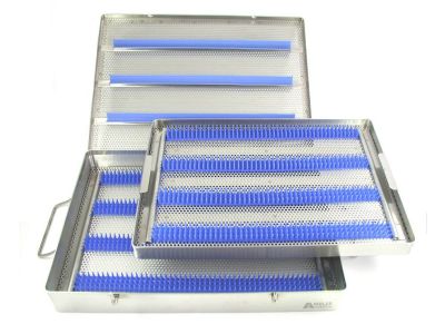 Microsurgical instrument sterilization tray, 10 1/2''W x 15''L x 2''H, double-level, silicone cushion on the top and silicone finger strips on bottom of both upper and lower trays