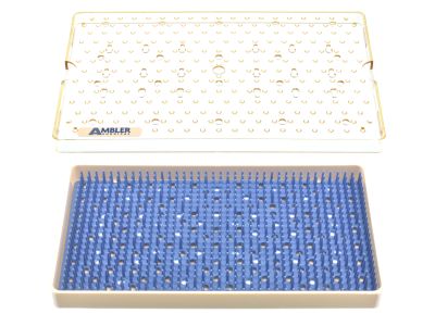Microsurgical plastic instrument sterilization tray, 6'' W x 10'' L x 3/4'' H, improved model, base, lid, and silicone finger mat, accommodates 12-15 instruments