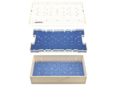 Microsurgical plastic instrument sterilization tray, 6'' W x 10'' L x 2'' H, improved model, deep base, insert tray, lid, and 2 silicone finger mats, accommodates 25-30 instruments