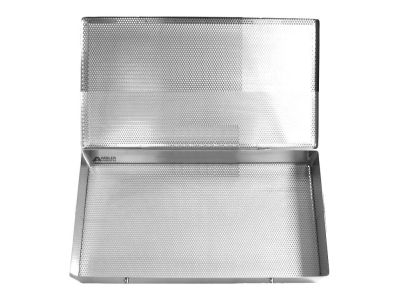 Sterilization tray, 13''W x 20 1/4''L x 3 1/2''H, with 1/8''perforations''bottom, outside handles, with removable lid