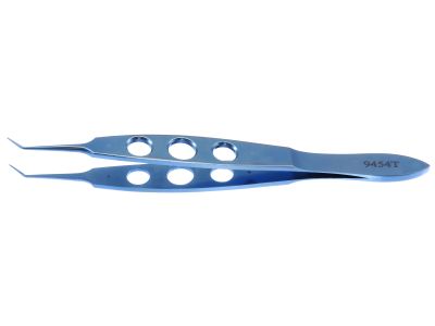 McPherson tying forceps, 3 7/8'',angled shafts, 5.0mm from bend to tip, 5.0mm tying platforms, flat 3-hole handle, titanium