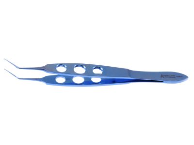 Utrata capsulorhexis forceps, 4'',angled shafts, 11.0mm from bend to tip, very delicate, triangular grasping tips, flat 3-hole handle, titanium