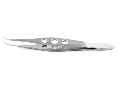Pierse corneal forceps, 4 3/8'',curved shafts, 0.1mm 1x1 Pierse-type teeth, flat 3-hole handle