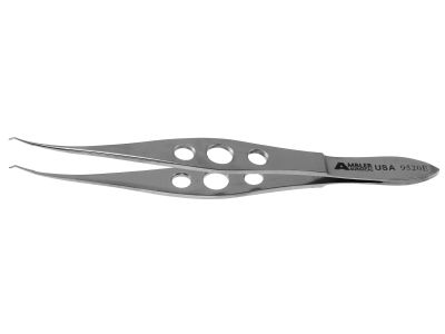 Harms colibri forceps, 4 3/8'',very delicate, 0.12mm 1x2 teeth, with tying platform, flat 3-hole handle