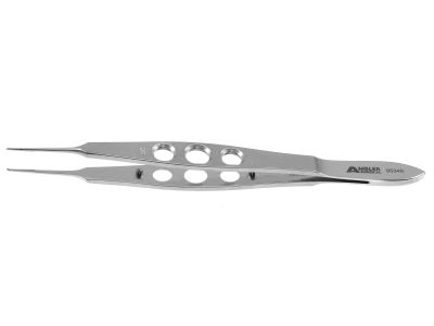Castroviejo suturing forceps, 4 3/8'',straight shafts, 0.5mm 1x2 teeth, 5.5mm tying platforms, flat 3-hole handle