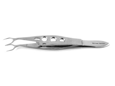 Arrowsmith corneal fixation forceps, 4 1/8'',angled shafts, u-shaped double 0.12mm 1x2 tips separated 8.0mm, flat 3-hole handle, with lock