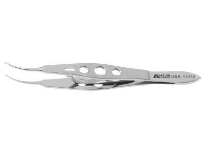 Moody fixation forceps, 4 3/8'',curved right, 0.5mm 1x2 teeth, with lock, flat 3-hole handle