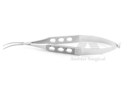 Bechert lens holding forceps, gently curved, delicate flat jaws, cross-action flat 3-hole handle