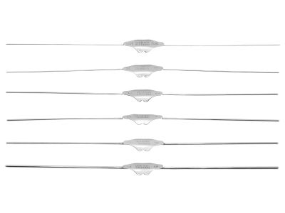 Bowman lacrimal probe, 5 7/8'',double-ended, set of 6, blunt ends, malleable sterling silver (9891E, 9892E, 9893E, 9894E, 9895E, and 9896E)