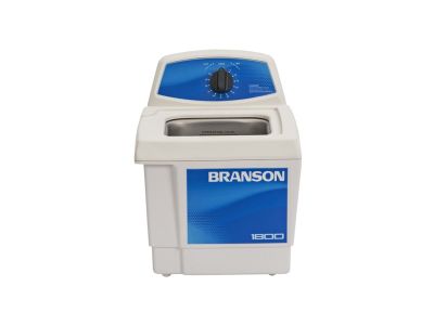 Bransonic® M1800 tabletop ultrasonic cleaner, mechanical timer, 1/2 gallon capacity, 10'' L x 12'' W x 11 1/2'' D overall size, 6'' L x 5 1/2'' W x 4'' D tank size, includes cover, 120 Volt, 2 year limited warranty