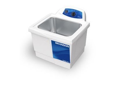 Bransonic® M1800H tabletop ultrasonic cleaner, mechanical timer, 1/2 gallon capacity, 10'' L x 12'' W x 11 1/2'' D overall size, 6'' L x 5 1/2'' W x 4'' D tank size, includes cover, ability to set temperatures from 20ºC/68ºF to 69