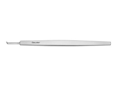 Paufique keratoplasty knife, 4 1/8'', angled, 2.0mm long cutting edge, 1.7mm wide semi-circular tip, flat handle