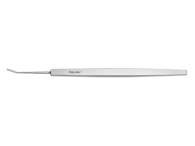 Bangerter iris spatula, 4 7/8'', angled, 8.0mm long x 1.0mm wide blade, flat handle
