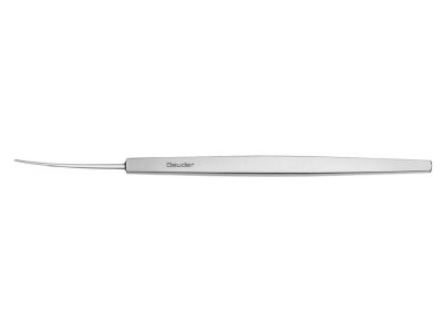 Frankfurt iris spatula, 4 7/8'', extra delicate, curved, 0.25mm wide blade, flat handle