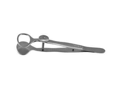 Desmarres chalazion forceps, 3 1/2'', 20.0mm solid lower plate, open upper plate, locking thumb screw, flat handle