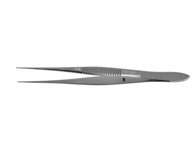 Dressing forceps, 4'', straight, 0.5mm serrated jaws, flat handle