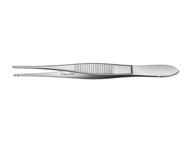 Draeger conjunctiva forceps, 3 7/8'', straight shafts, 1.2mm wide jaws, 2 atraumatic fixation knobs, flat handle