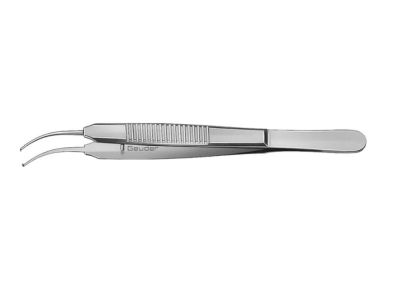 Swiss iris forceps, 4'', curved shafts, 1x2 teeth, flat handle