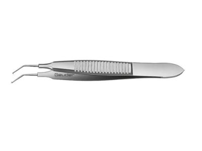 Bonn iris forceps, 2 7/8'', extra delicate, angled shafts, 6.0mm from bend to tip, 0.12mm 1x2 teeth, flat handle