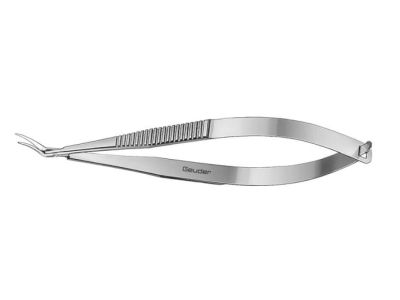 Castroviejo anterior synechia scissors, 4 1/8'', angled up 9.0mm vaulted blades, blunt tips, flat handle