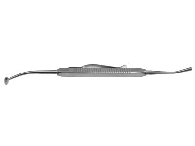 Kreissig scleral depressor, 5'', double-ended, angled, 2.4mm diameter conical tip, curved, 6.0mm bar, square handle