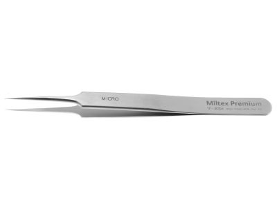 Jeweler's-type forceps #5, 4 3/8'',straight, narrow shafts, micro-fine pointed tips, flat handle