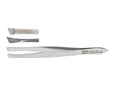 Bergh cilia forceps, 3 1/2'',5.0mm wide, horizontal serrated jaws, flat handle