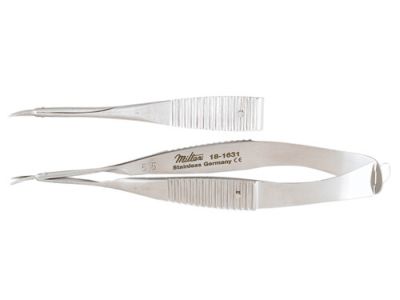 Vannas capsulotomy scissors, 3 1/4'',ultrafine, curved blades, sharp tips, flat handle