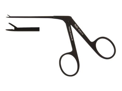 Miltex ear forceps, working length 77.5mm, very delicate, straight, 4.2mm serrated jaws, ring handle, ebonized finish for reduced glare