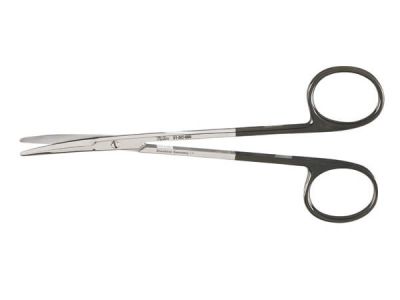 Fomon scissors, 5 1/4'',slightly curved beveled Superior-Cut blades, semi-sharp edges, micro serrated lower blade, blunt tips, black ring handle