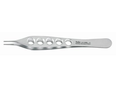 Adson dressing forceps, 4 3/4'',delicate, straight, serrated jaws, fenestrated lightweight flat handle