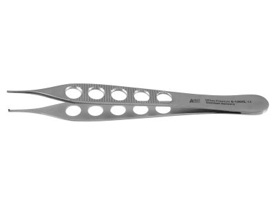Adson tissue forceps, 4 3/4'',delicate, straight, 1x2 teeth, serrated jaws, fenestrated lightweight flat handle