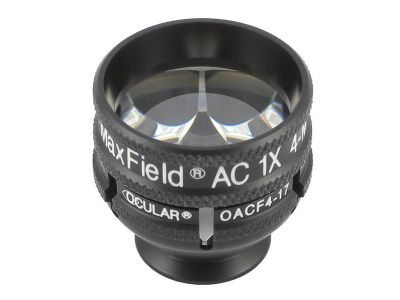 Ocular® Maxfield® AC four mirror gonio diagnostic lens, 17.0mm flagne, 90º+ static gonio FOV, 1.0x image mag., 17.0mm contact diameter, 25.5mm lens height, 24.5mm ring diameter, for high-resolution viewing the anterior chamber ang