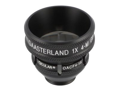 Ocular® Gaasterland four mirror gonio diagnostic lens, Laserlight® anti-reflective coating, with flange, 90º+ static Gonio FOV, 1.0x gonio mag., 15.0mm contact diameter, 30.0mm lens height, 31.5mm ring diameter