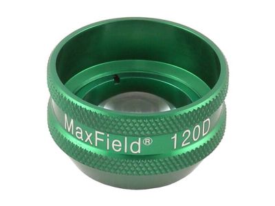 Ocular® Maxfield® 120D indirect diagnostic/laser lens, aspheric glass, Laserlight® HD anti-reflective coating, green ring, 120º static FOV, 173º dynamic FOV, 0.50x image mag., 2.00x laser spot mag., 4.0mm working distance, 21.0mm 