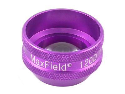 Ocular® Maxfield® 120D indirect diagnostic/laser lens, aspheric glass, Laserlight® HD anti-reflective coating, purple ring, 120º static FOV, 173º dynamic FOV, 0.50x image mag., 2.00x laser spot mag., 4.0mm working distance, 21.0mm