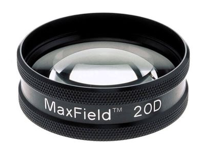 Ocular® Maxfield® 20D indirect diagnostic/laser lens, aspheric glass, Laserlight® HD anti-reflective coating, black ring, 50º static FOV, 2.97x image mag., 0.34x laser spot mag., 47.0mm working distance, 48.0mm clear aperture, 56g lens weight
