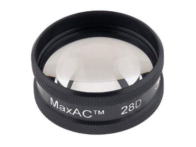 Ocular® MaxAC® 28D indirect diagnostic/laser lens, 59º static FOV, 2.15x image mag., 0.47x laser spot mag., 28.0mm working distance, 38.2mm clear aperture, 36g lens weight, provides ultra high-resolution retinal image with the B.I.O., autoclavable