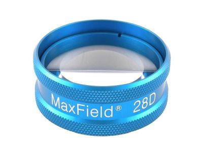 Ocular® Maxfield® 28D indirect diagnostic/laser lens, aspheric glass, Laserlight® HD anti-reflective coating, blue ring, 58º static FOV, 2.11x image mag., 0.47x laser spot mag., 27.0mm working distance, 38.2mm clear aperture, 39g 